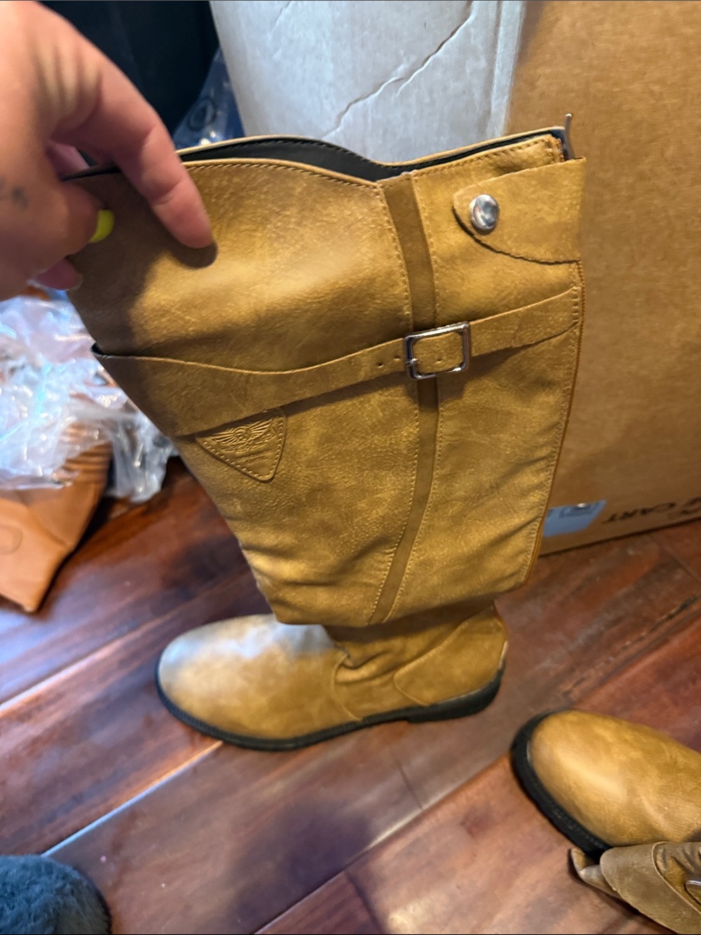 Tan Suede Mid-Calf Buckle Boots